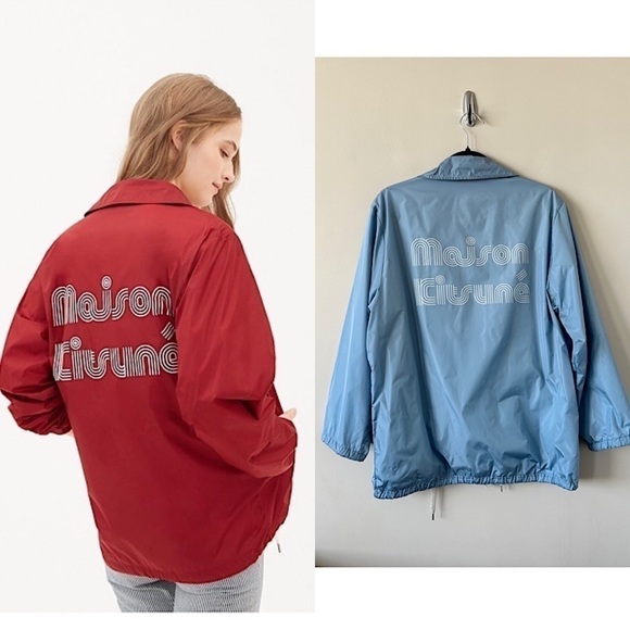 Maison Kitsunè-Baby Blue Snap Front “Spell Out” Street Style Windbreaker Jacket - Picture 1 of 12